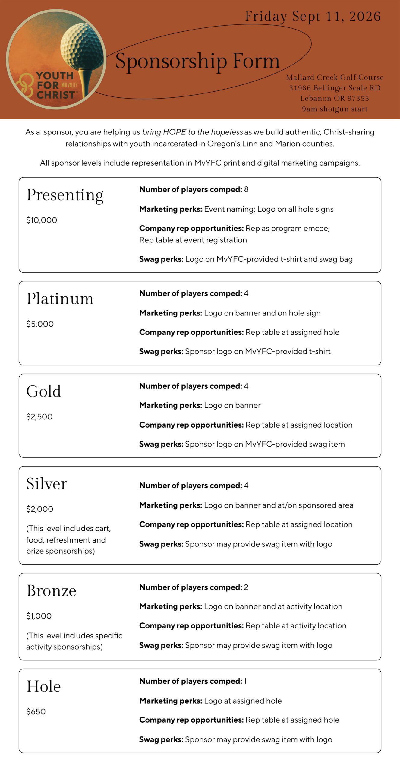 Golf Sponsorship levels